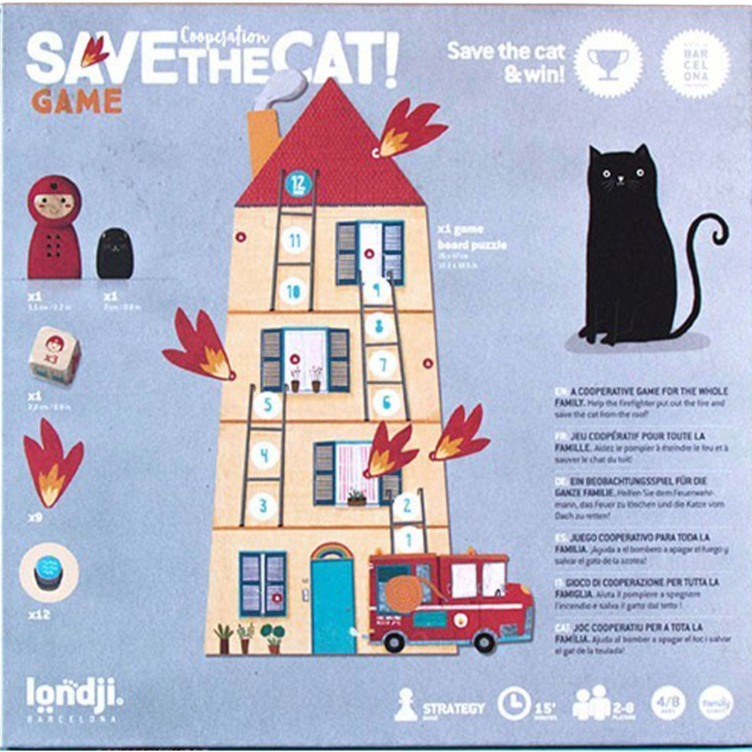 Infographic van het londji bordspel Save the Cat met een overzicht van de spelonderdelen en uitleg.