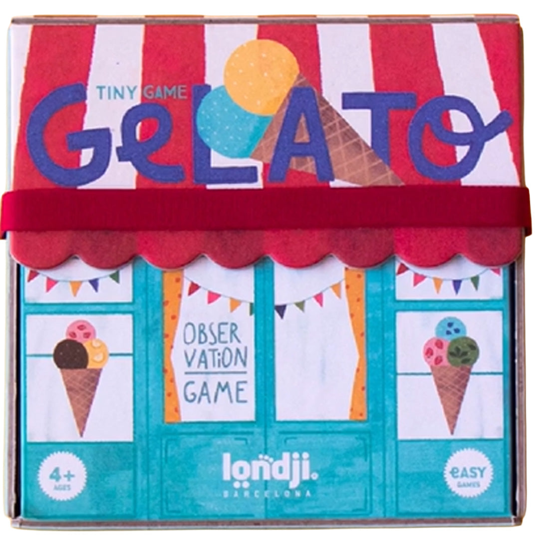 Voorkant van de verpakking van het londji Tiny Game Gelato behendigheidsspel, met een illustratie van een ijssalon.