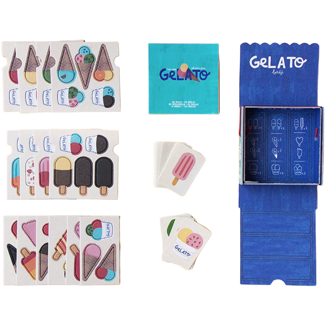 Alle onderdelen van het londji Gelato behendigheidsspel, inclusief de uitdrukkaarten, speelkaarten en de open doos.