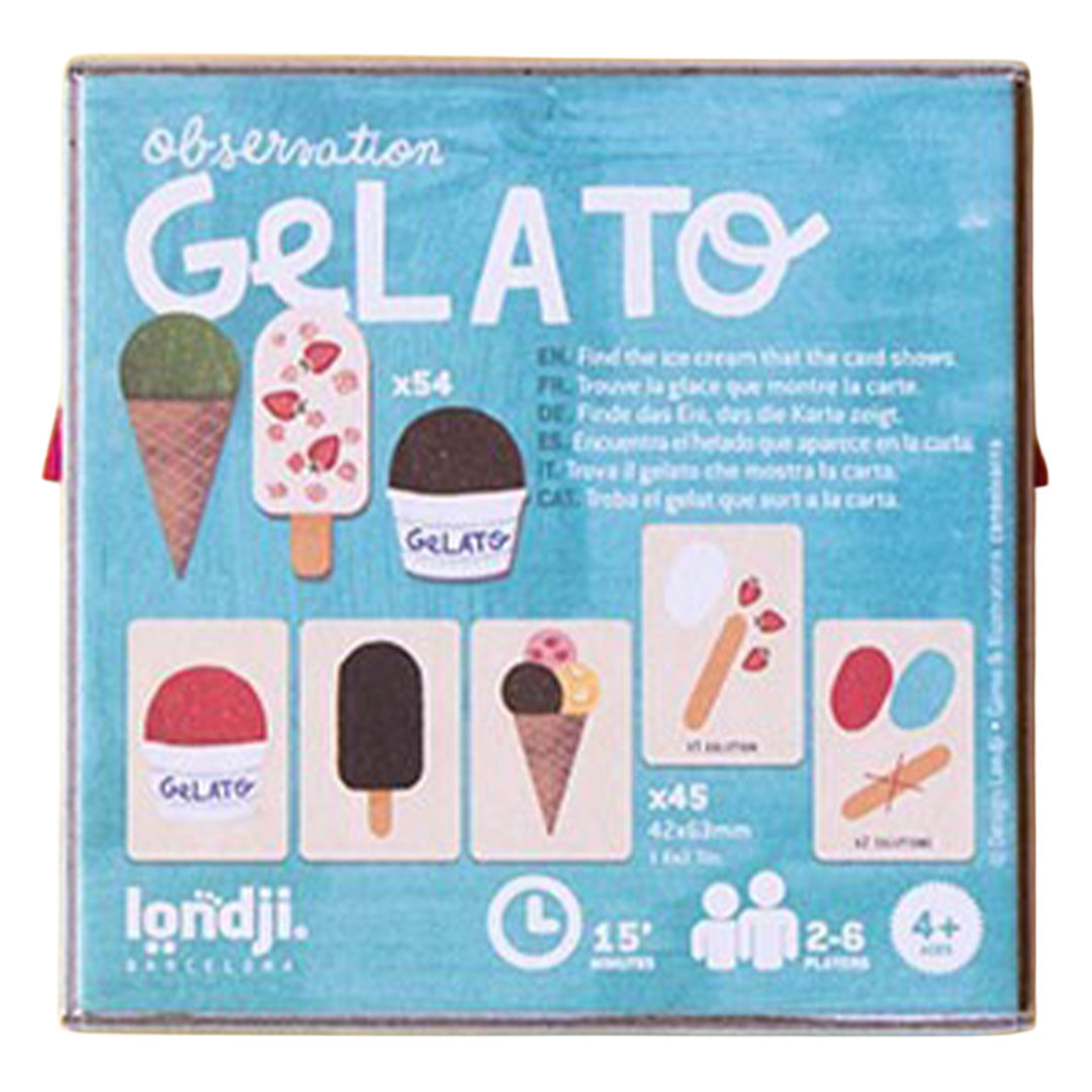 Achterkant van de verpakking van het londji Gelato observation game, met speldetails en voorbeelden van de ijsjes en kaarten.