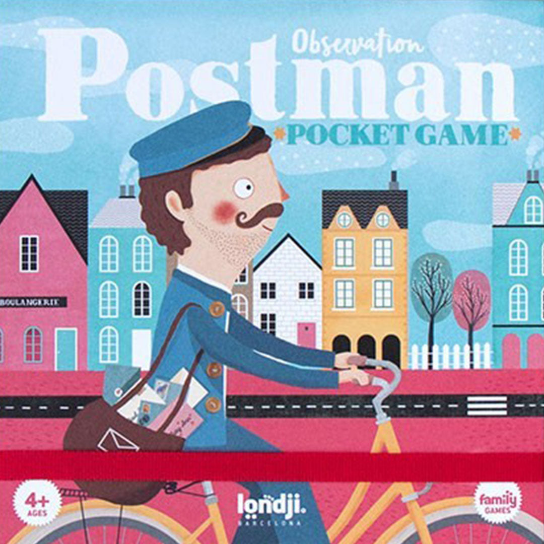 londji Observation Postman pocket game bordspel verpakking met een postbode op een fiets in een stad.