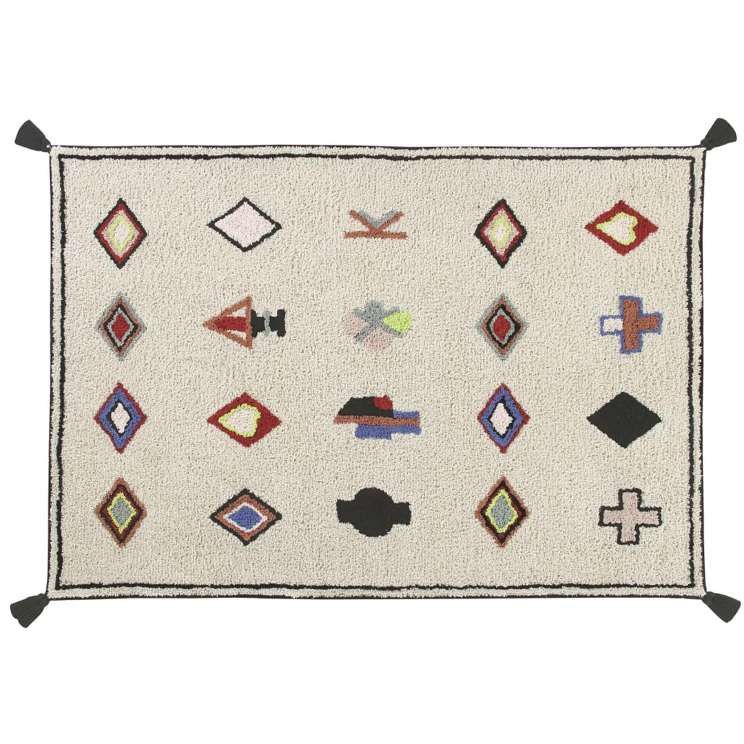 Lorena Canals wasbaar vloerkleed met beige basis en kleurrijke etnische, geometrische patronen.