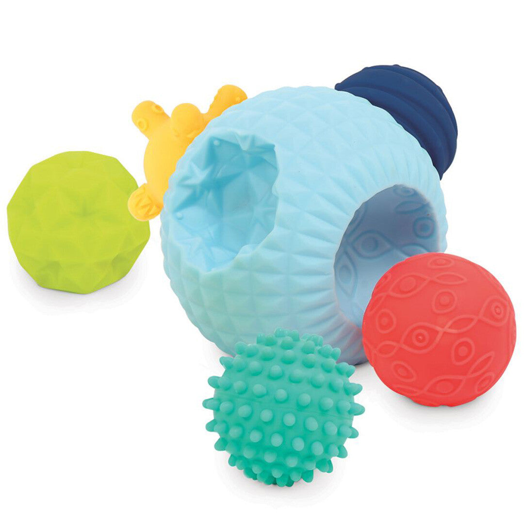 Ludi puzzelbal babyspeelgoed met losse, veelkleurige en getextureerde onderdelen.