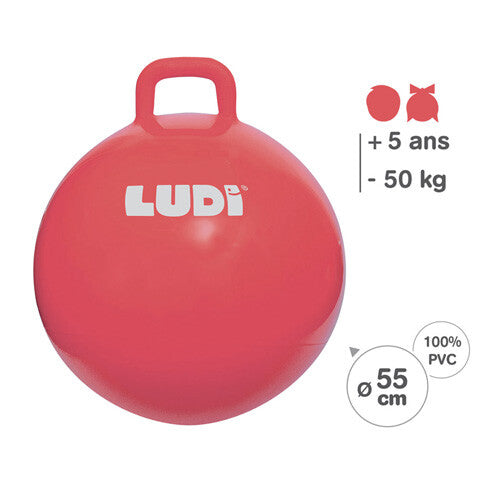 Ludi rode skippybal met infographic over specificaties zoals leeftijd en diameter.