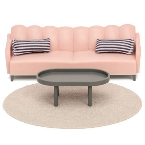 Lundby poppenhuis woonkamerset met roze bank, gestreepte kussens, grijze salontafel en beige vloerkleed.