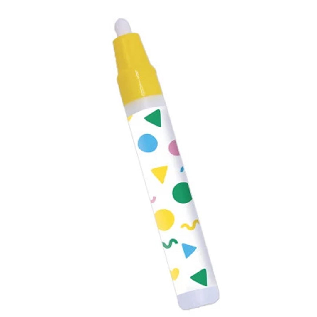 Detail van de Janod magische stift met gele dop en kleurrijke patronen.