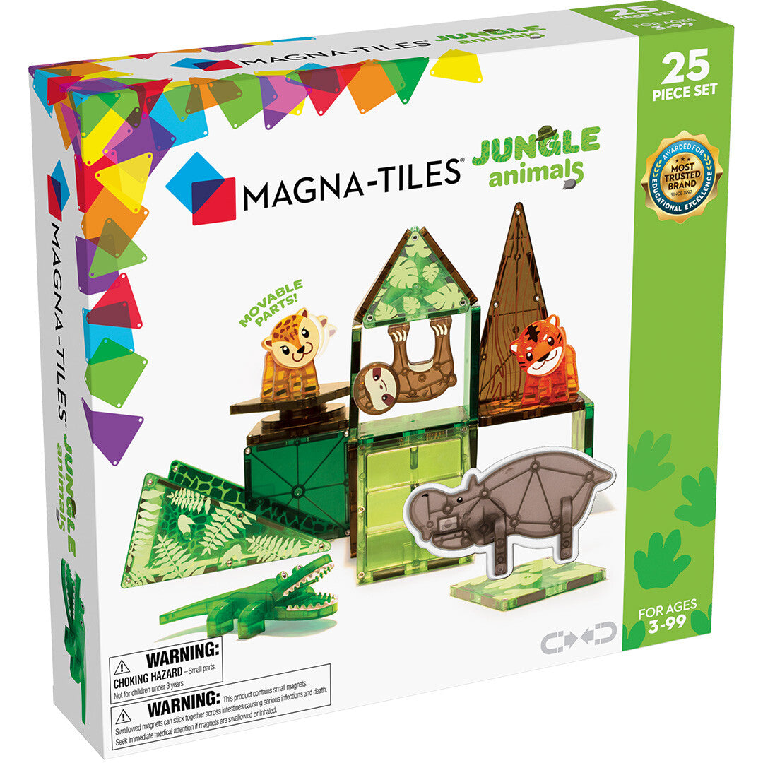 De voorkant van de Magna-Tiles Jungle Animals bouwset verpakking met voorbeelden van de magnetische tegels en dierenfiguren.