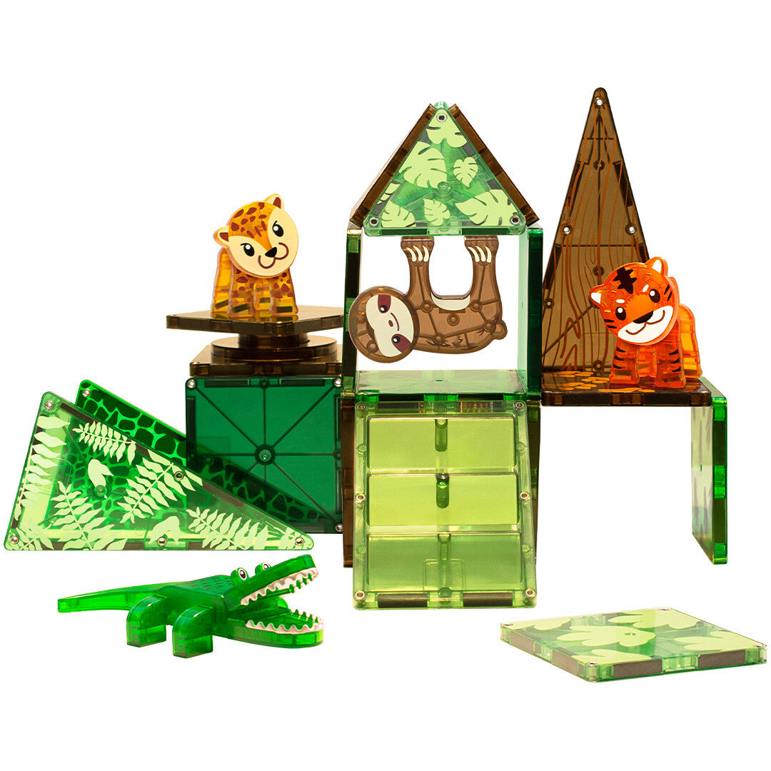 Een vooraanzicht van de Magna-Tiles Jungle Animals bouwset met magnetische tegels en jungle dierenfiguren.