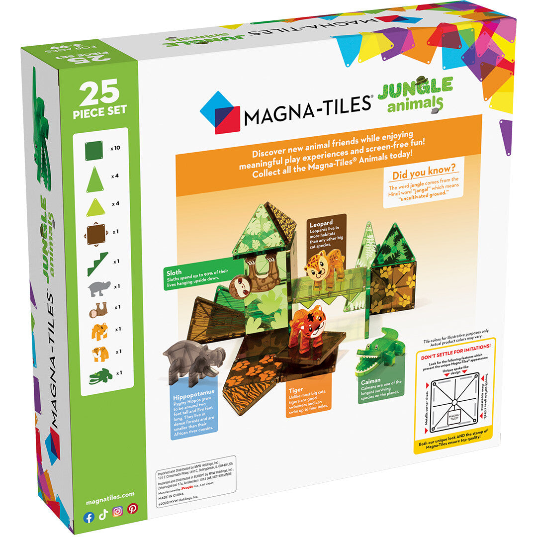 De achterkant van de Magna-Tiles Jungle Animals bouwset verpakking met productinformatie en voorbeelden van de magnetische tegels.
