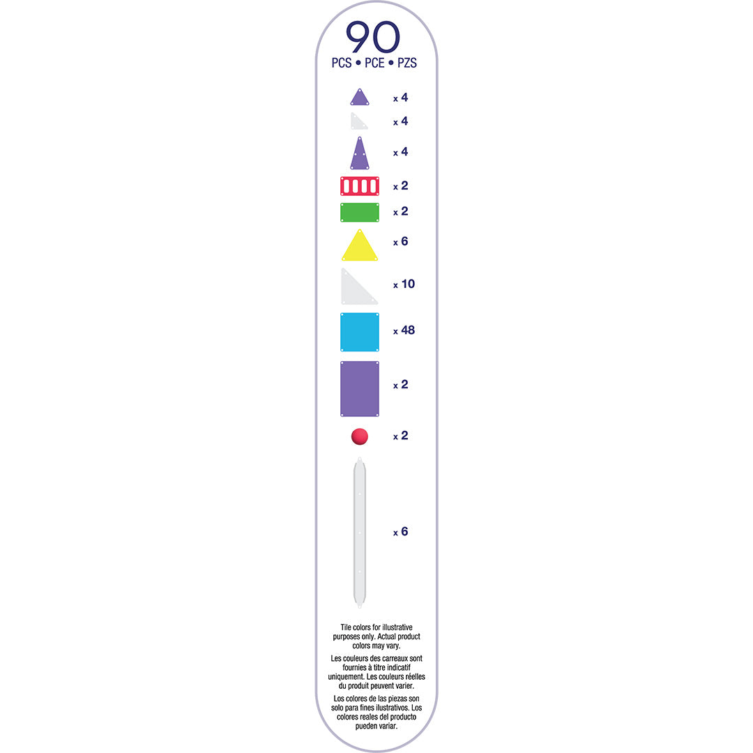 Infographic met een overzicht van de 90 onderdelen van de Magna-Tiles knikkerbaan set.