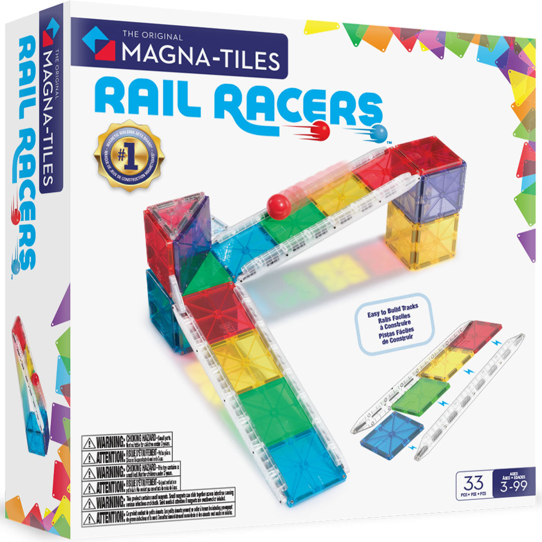 Verpakking van de Magna-Tiles Rail Racers knikkerbaan met een voorbeeld van een gebouwde baan.