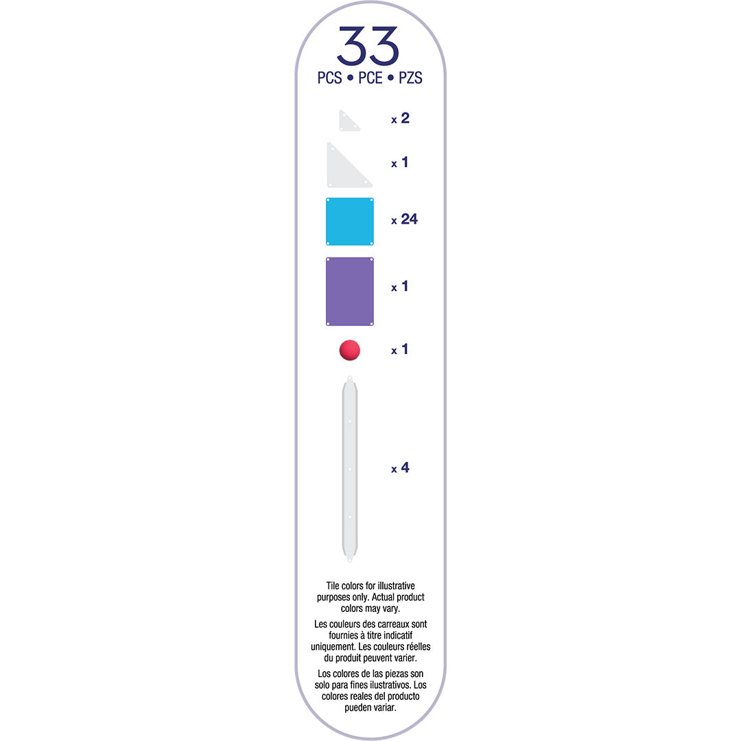 Infographic met een overzicht van de 33 onderdelen van de Magna-Tiles knikkerbaan.