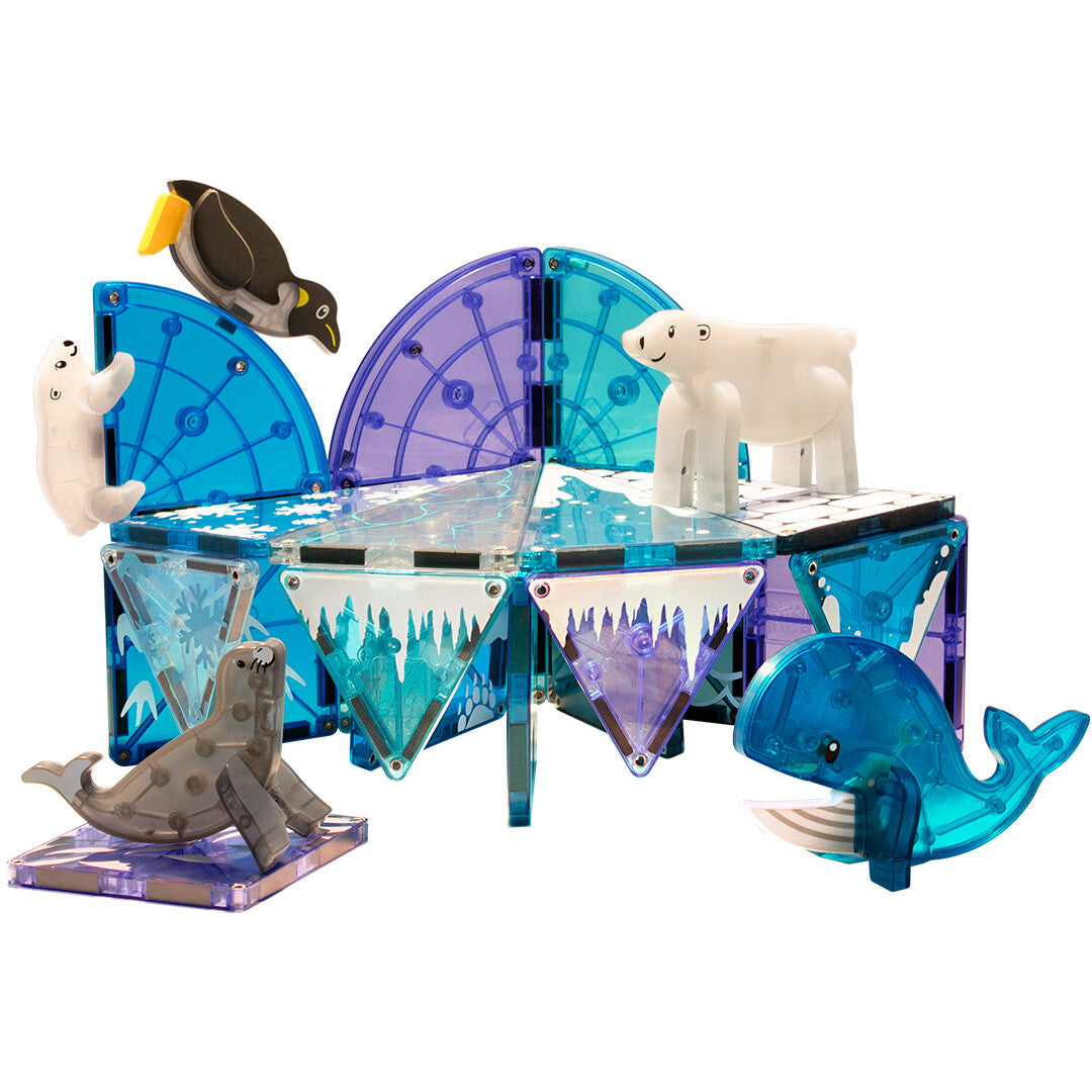 De Magna-Tiles Arctic Animals magnetische tegels bouwset met poolbeesten, opgebouwd tot een ijswereld.