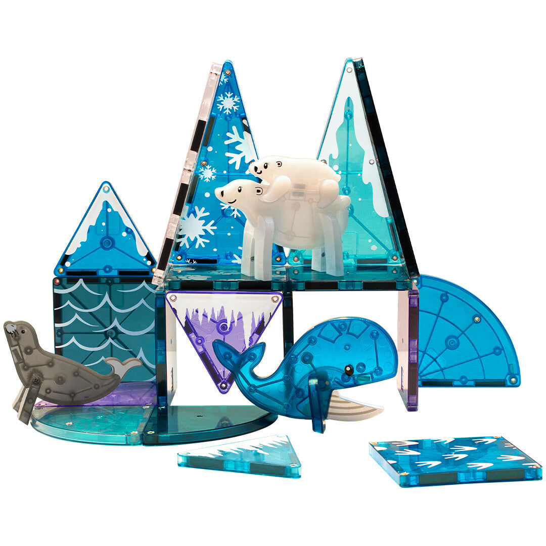 De Magna-Tiles Arctic Animals magnetische tegels bouwset met poolbeesten, opgebouwd tot een ijswereld met sneeuwvlokken.