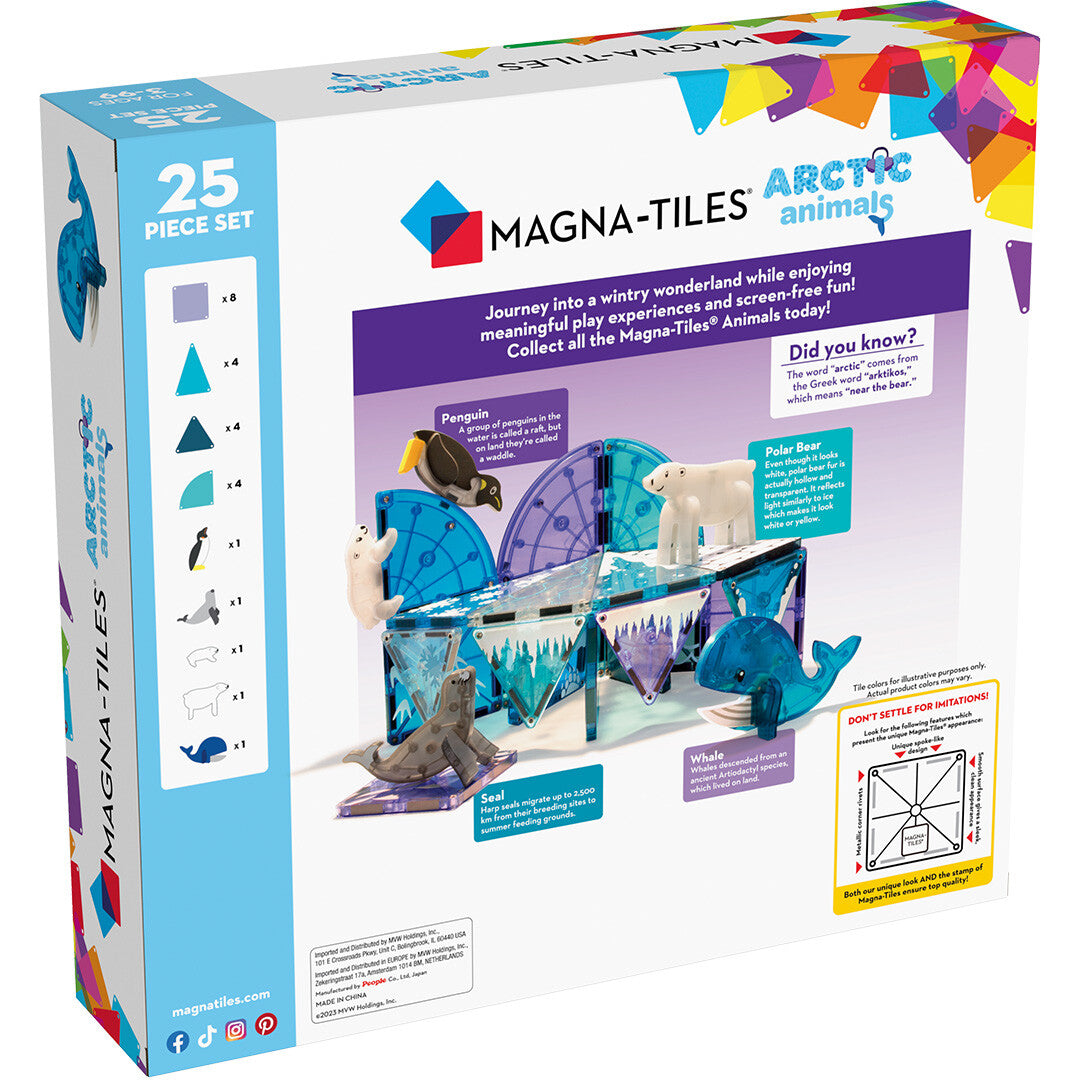 Achterkant van de verpakking van de Magna-Tiles Arctic Animals magnetische tegels bouwset.