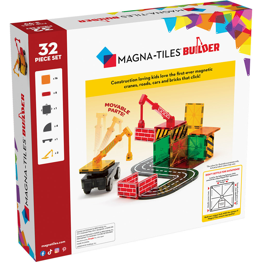 Achterkant van de verpakking van de Magna-Tiles Builder magnetische tegels bouwset met productafbeelding en kenmerken.