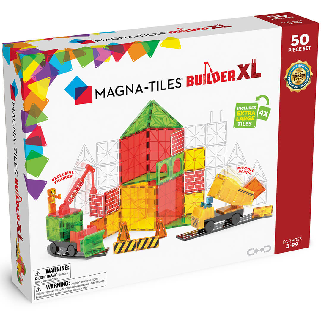 Verpakking van de Magna-Tiles Builder XL magnetische tegels bouwset met een bouwplaats thema.