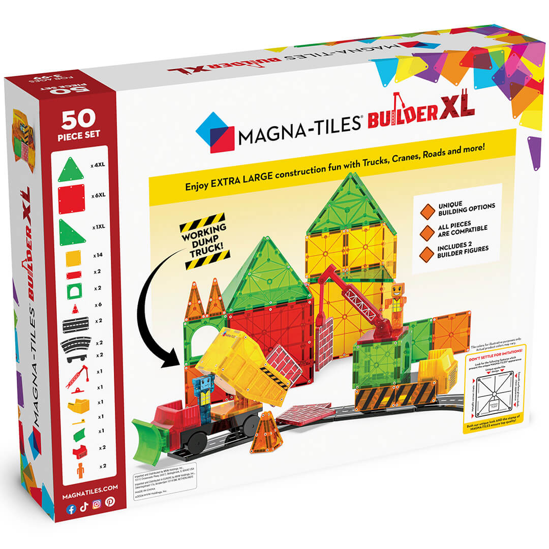 Achterkant van de verpakking van de Magna-Tiles Builder XL magnetische tegels bouwset met een overzicht van de inhoud.
