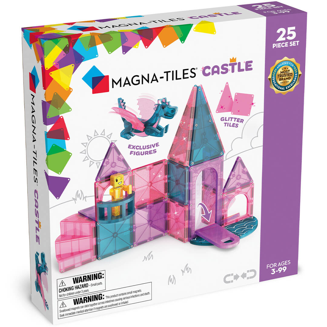 Voorkant van de Magna-Tiles Castle verpakking met een afbeelding van het kasteel en een draak.