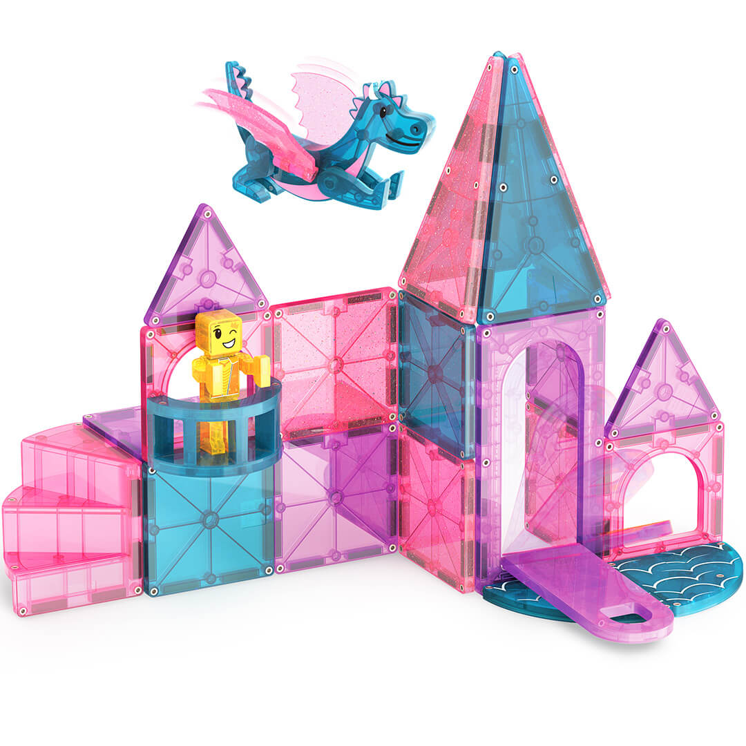 Magna-Tiles Castle bouwset met een roze en blauw kasteel, een vliegende draak en een figuur op een balkon.