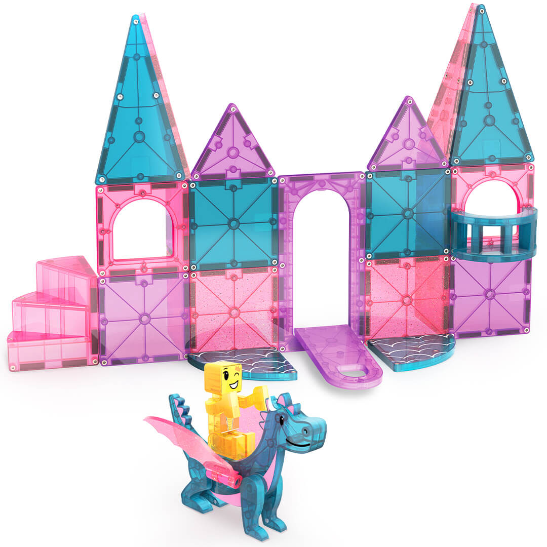 Magna-Tiles Castle bouwset met een open kasteel, een draak en een figuur ervoor.