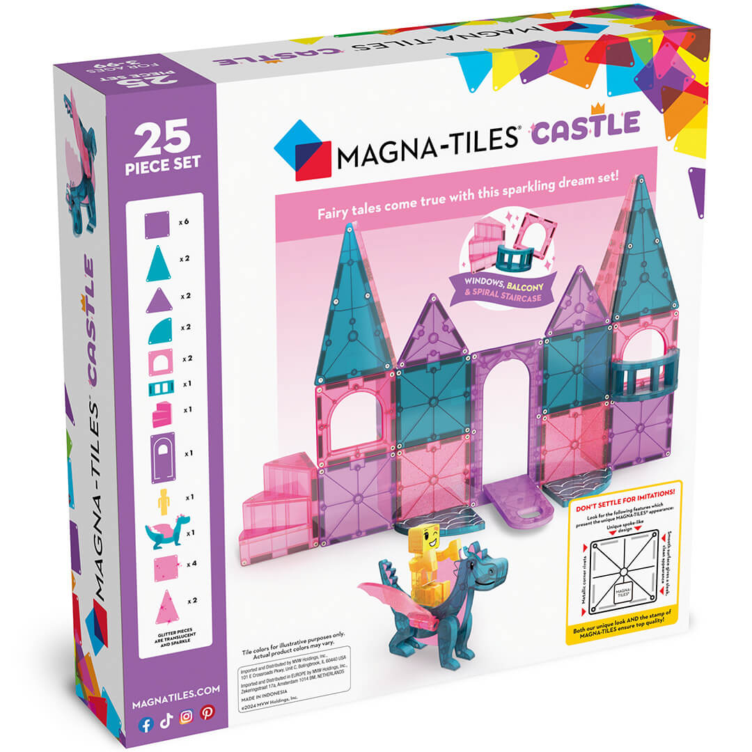 Achterkant van de Magna-Tiles Castle verpakking met een afbeelding van het kasteel en een overzicht van de onderdelen.