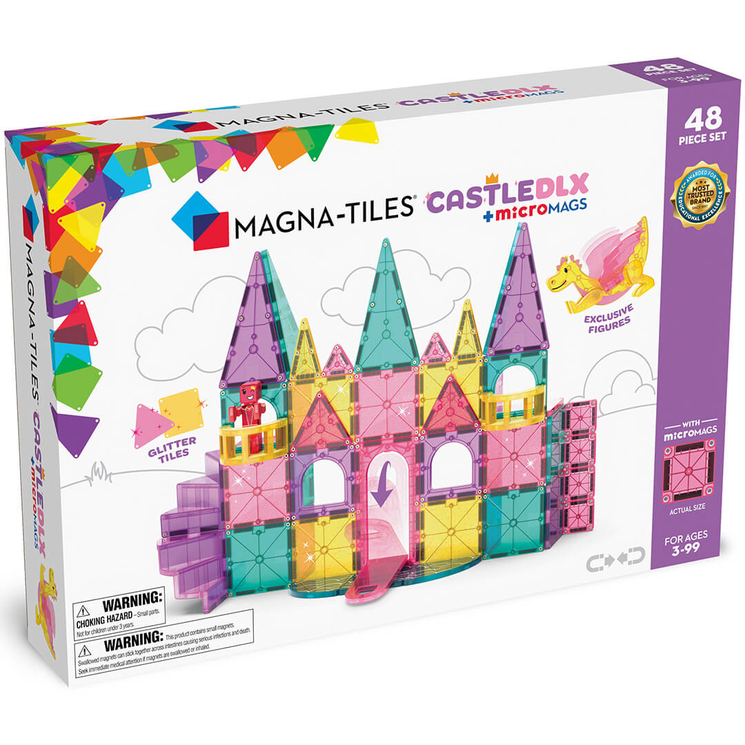 Verpakking van de Magna-Tiles Castle Deluxe magnetische bouwset met een afgebeeld kasteel en draak.