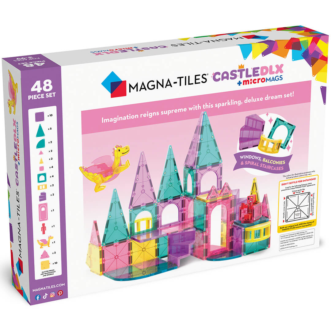 Zijaanzicht van de Magna-Tiles Castle Deluxe magnetische bouwset verpakking met productinformatie en een afbeelding van het kasteel.