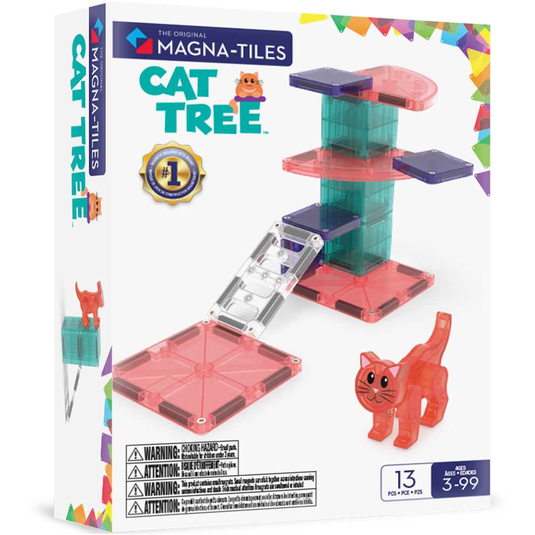 Magna-Tiles Cat Tree bouwset verpakking met de magnetische tegels en een kattenfiguur.