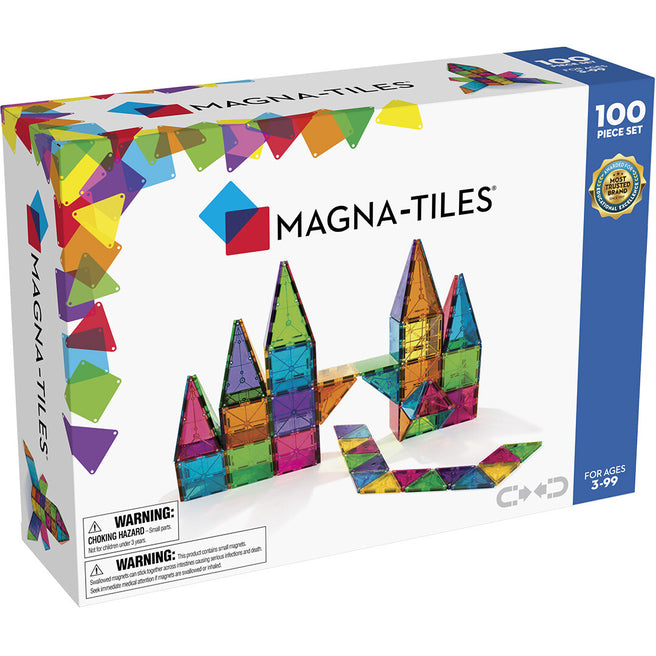 Verpakking van de Magna-Tiles magnetische tegels bouwset met een kasteel en brug.