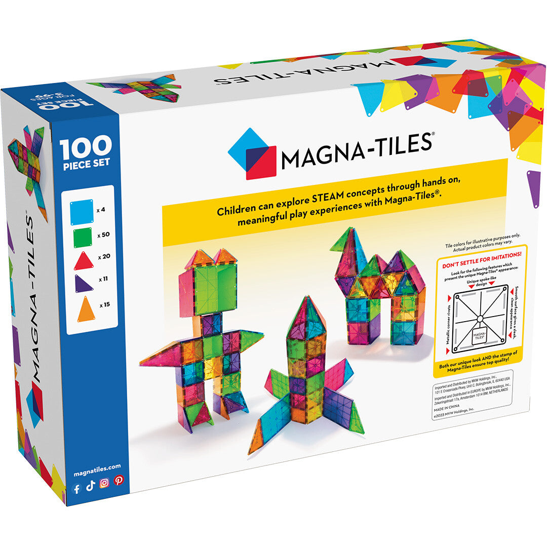 Verpakking van de Magna-Tiles magnetische tegels bouwset met voorbeelden van bouwwerken.