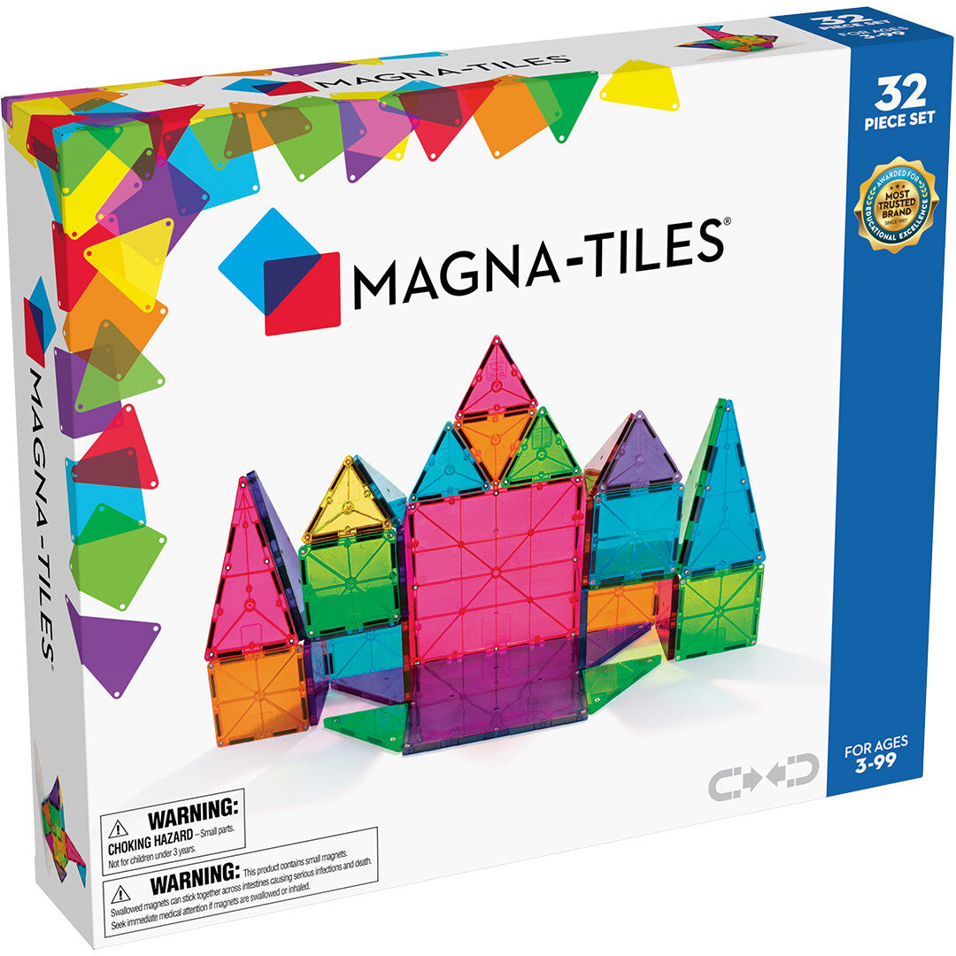 Verpakking van de Magna-Tiles bouwset met een kasteel van magnetische tegels.