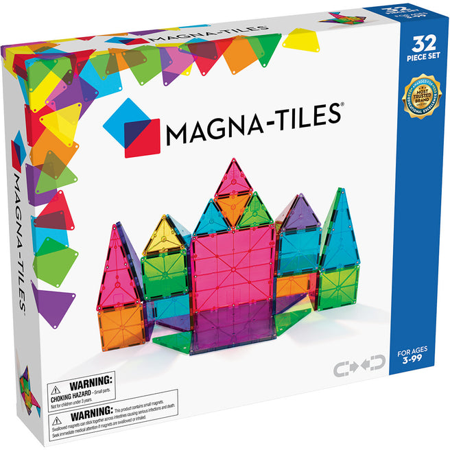 Verpakking van de Magna-Tiles bouwset met een kasteel van magnetische tegels.