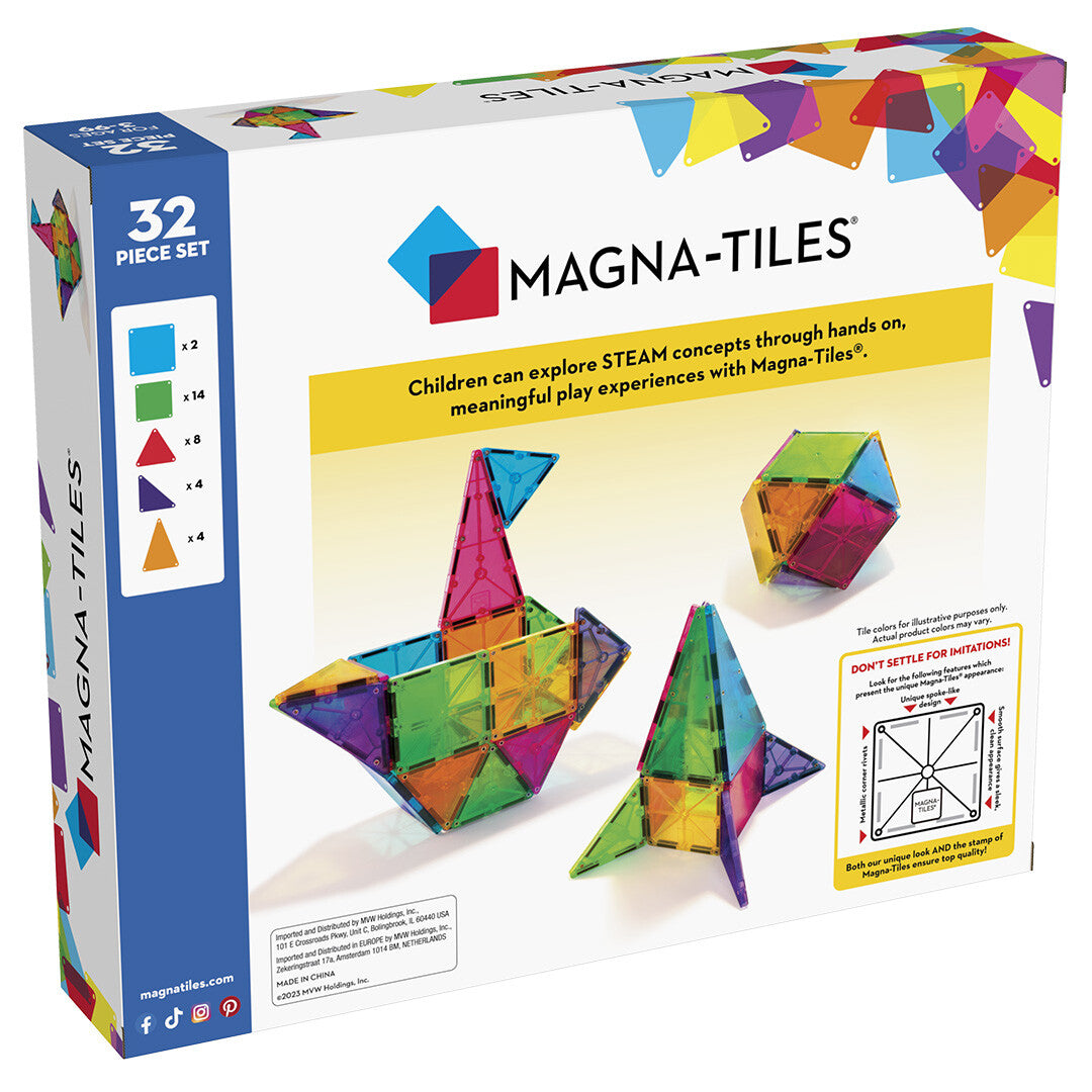 Achterkant van de Magna-Tiles bouwset verpakking met voorbeelden van bouwwerken.