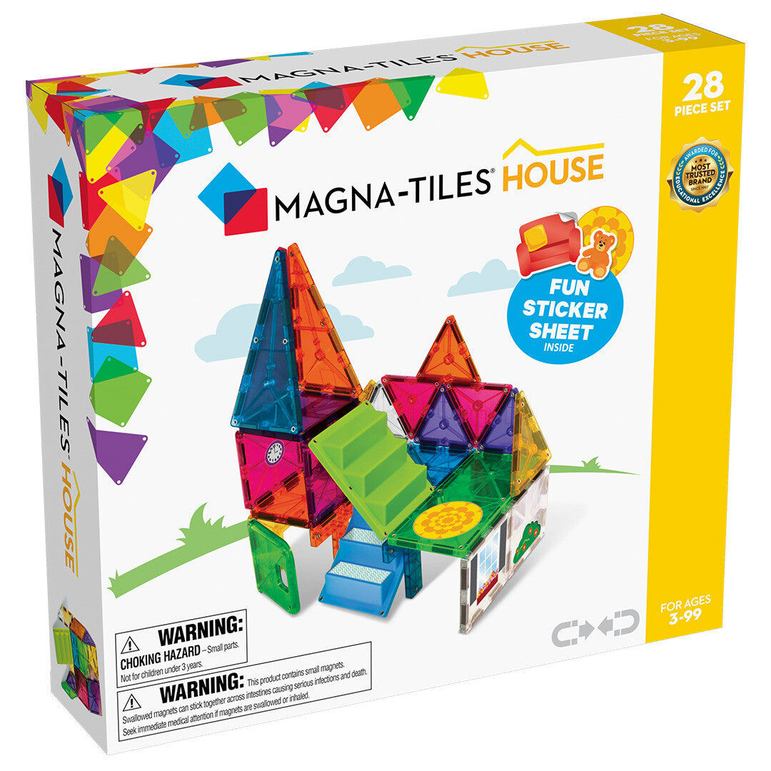 Magna-Tiles House 28-delige bouwset verpakking met een gebouwd huis van magnetische tegels.