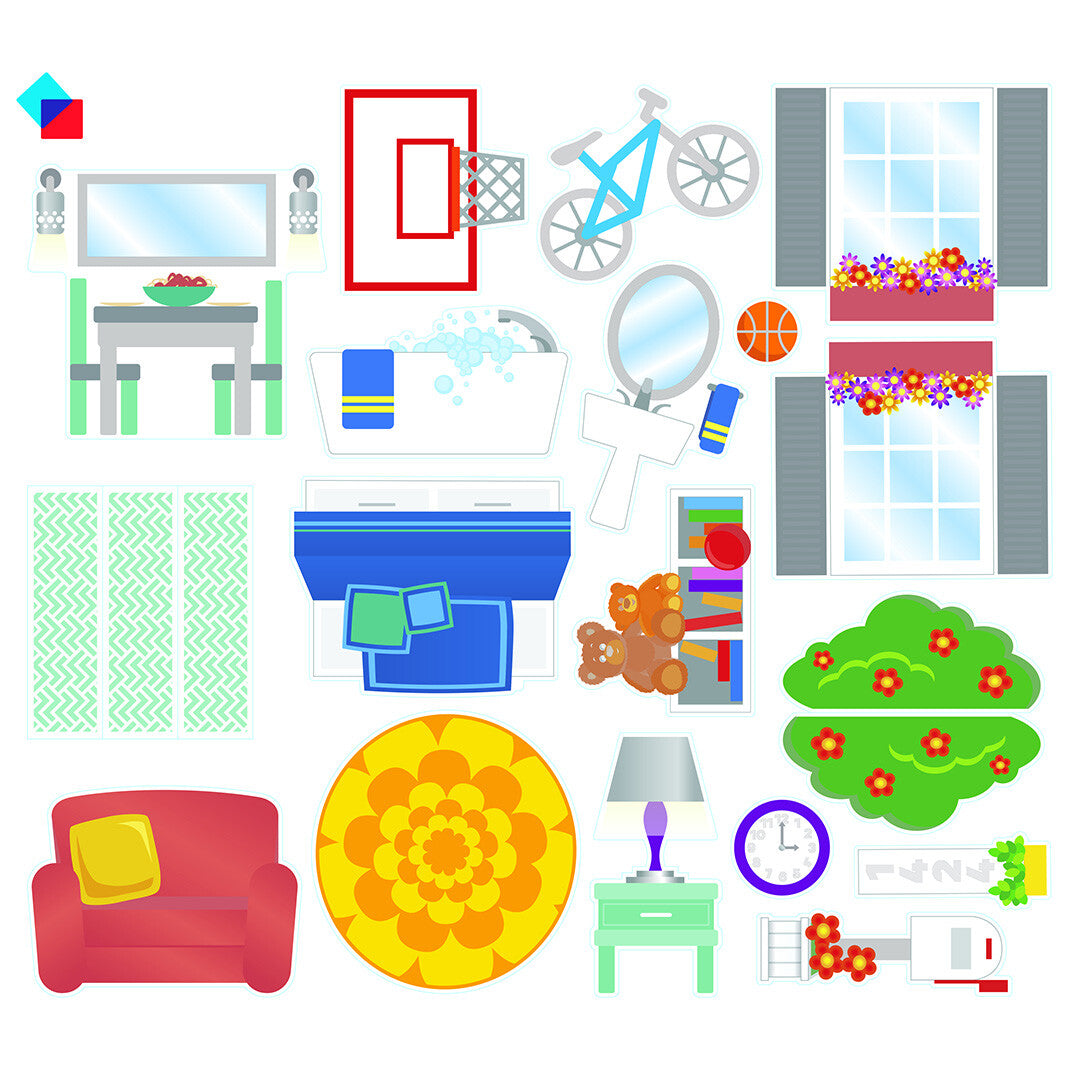 Een verzameling kleurrijke stickers van meubels, ramen en andere huisdecoraties.