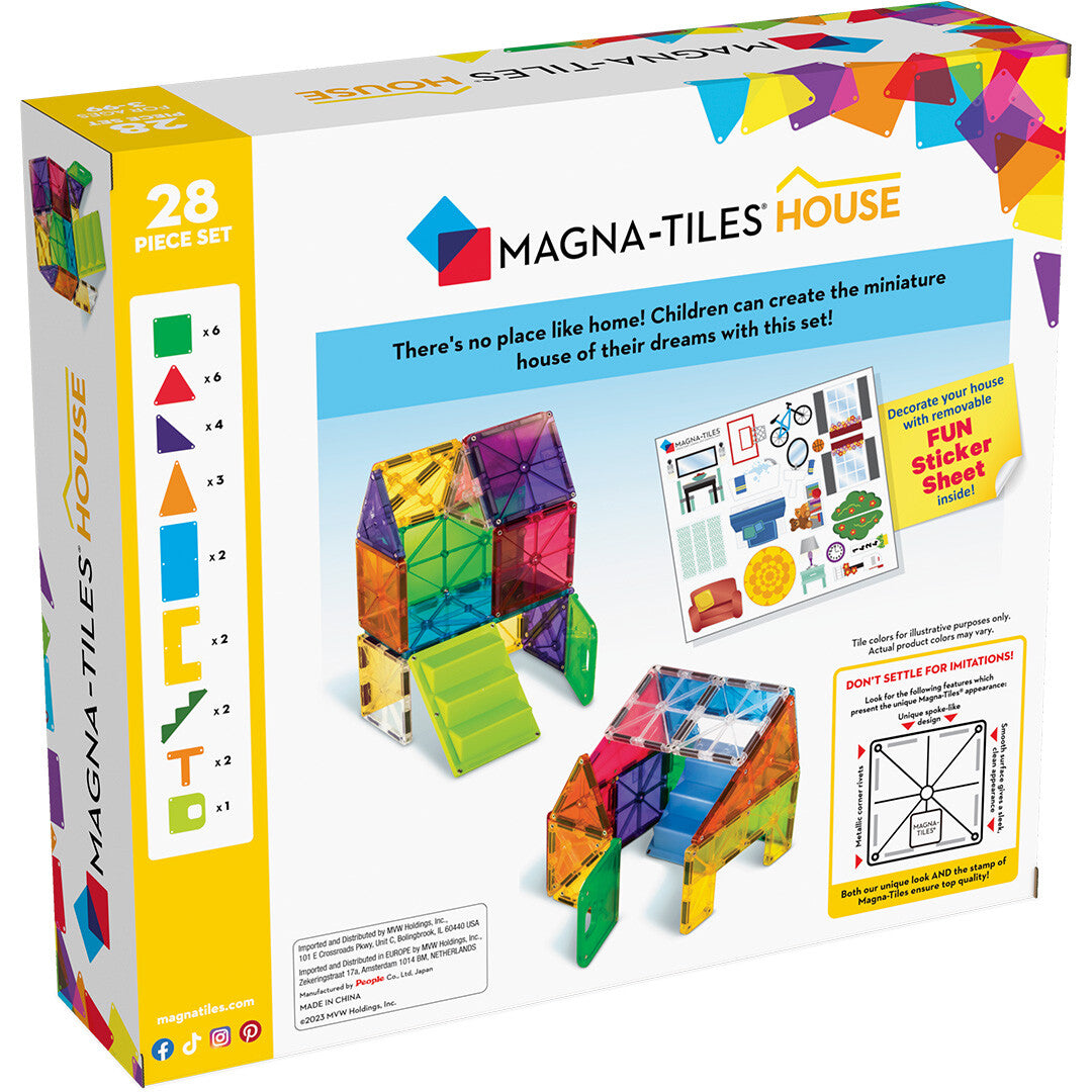 Achterkant van de Magna-Tiles House 28-delige bouwset verpakking met voorbeelden van gebouwde huizen en stickers.