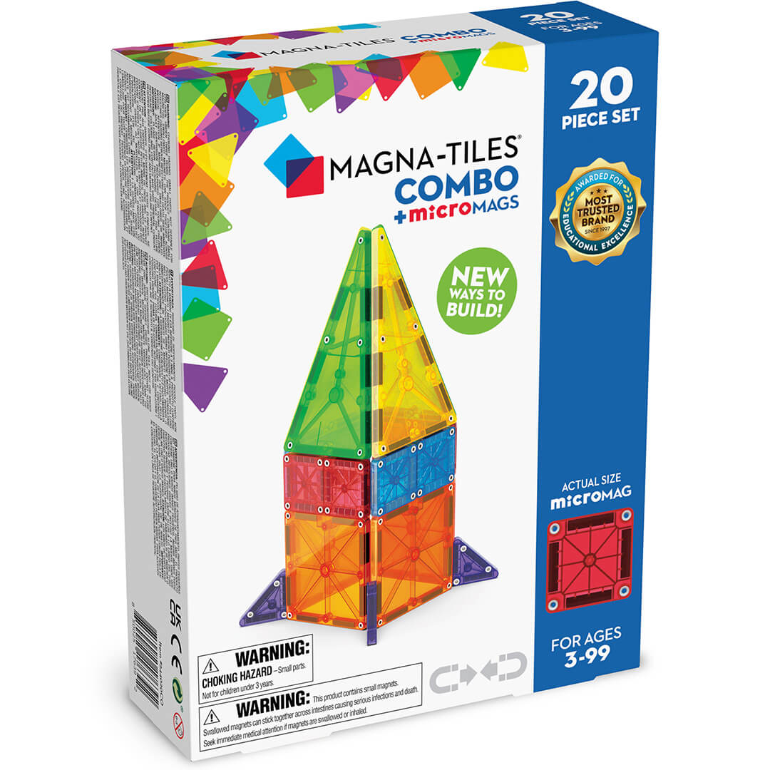 Verpakking van de Magna-Tiles magnetische tegels combo met micromags, met een raketvormig bouwwerk van gekleurde geometrische tegels.