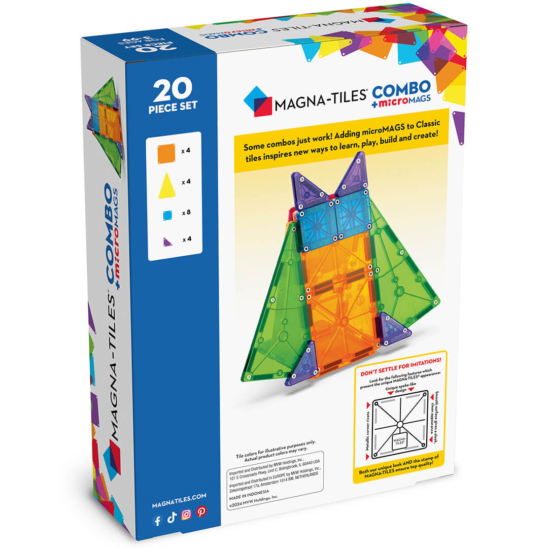 Achterkant van de verpakking van de Magna-Tiles magnetische tegels combo met micromags, met een voorbeeld van een gebouwd figuur en productinformatie.
