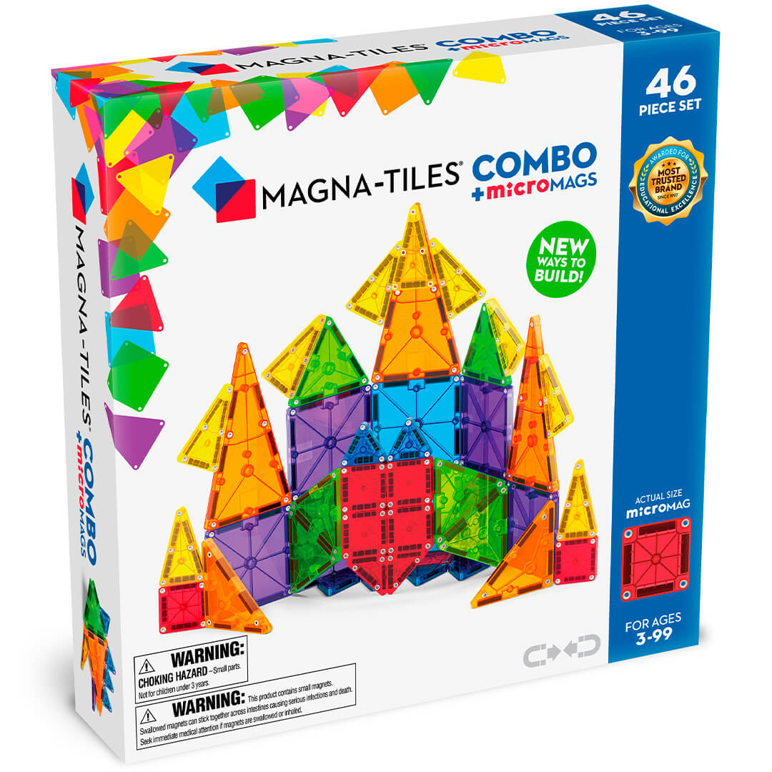 Magna-Tiles Combo + Micromags bouwset verpakking met een kleurrijk kasteel van magnetische tegels.