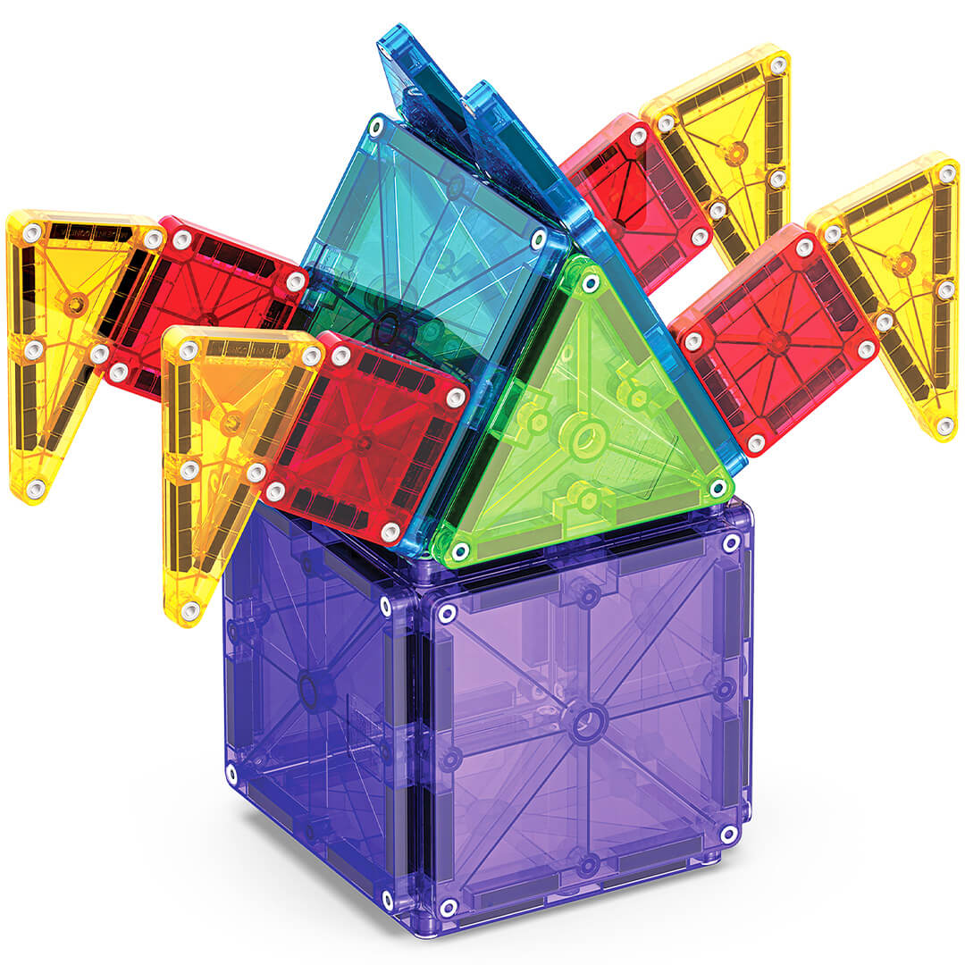 Een paarse kubus van Magna-Tiles magnetische tegels met kleurrijke driehoeken die eruit waaieren.