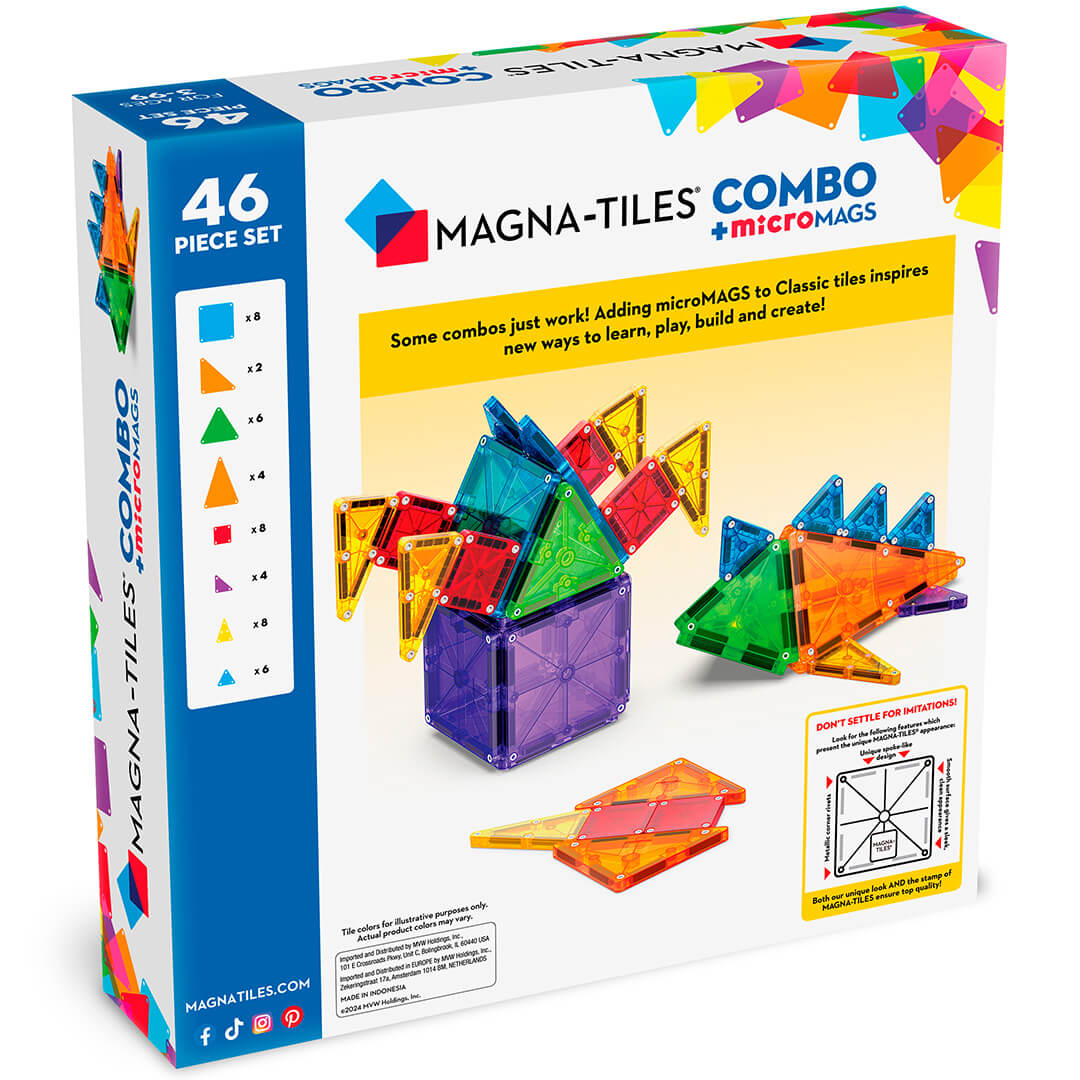 Achterkant van de Magna-Tiles Combo + Micromags bouwset verpakking met voorbeelden van bouwwerken.