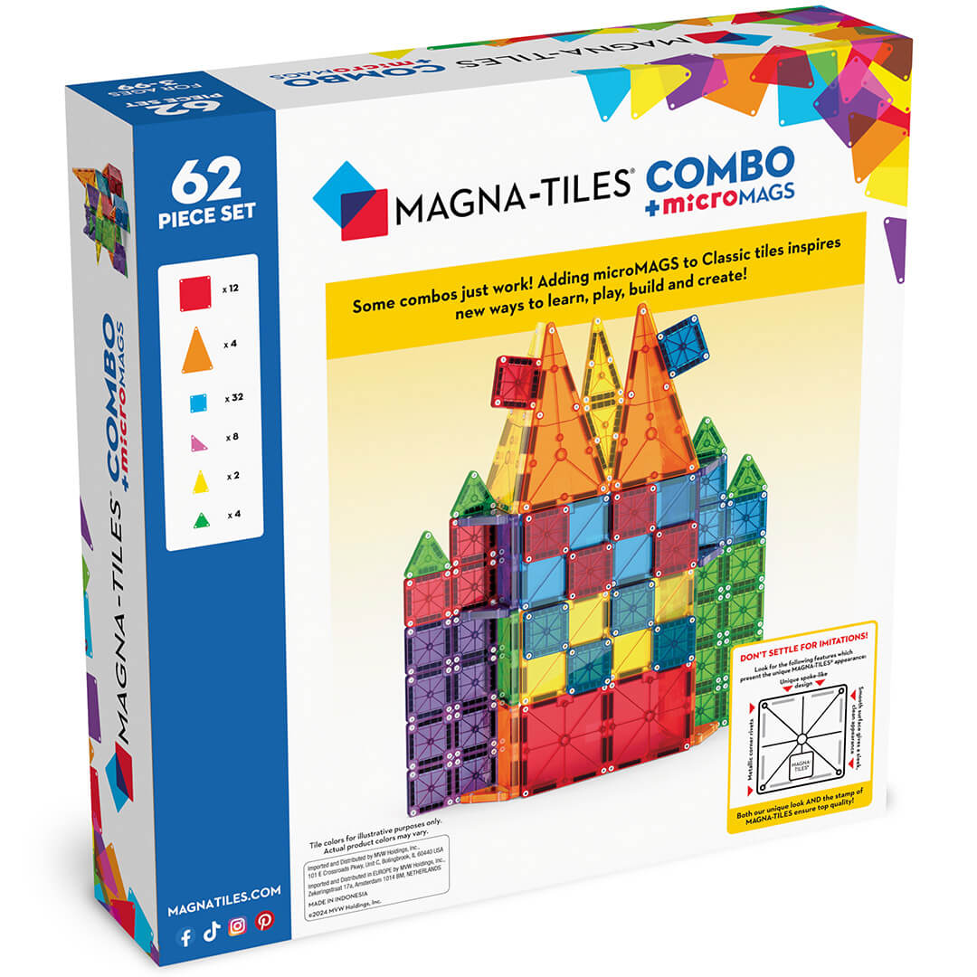 De achterkant van de Magna-Tiles Combo + Micromags verpakking, met details over de inhoud en een afbeelding van een kasteel gebouwd met de tegels.