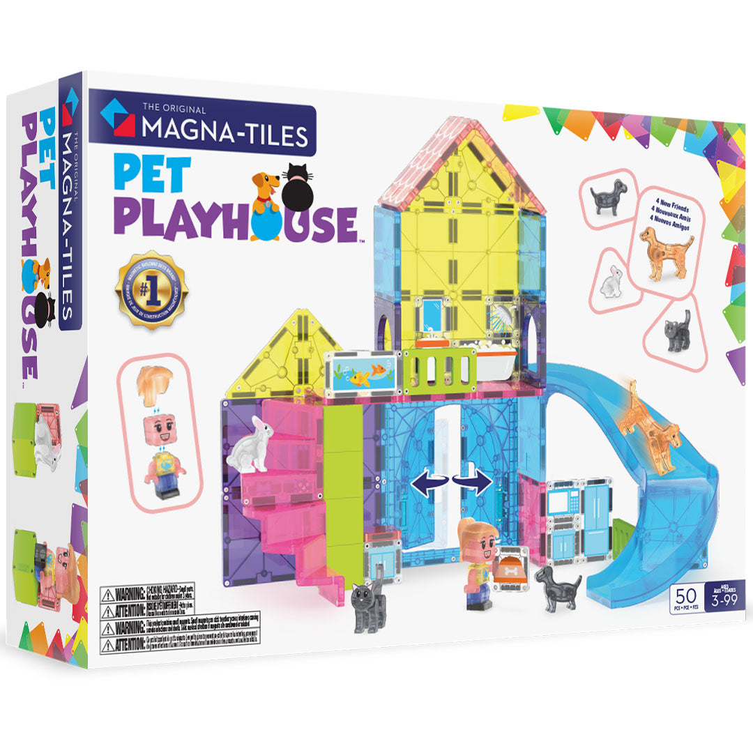 Verpakking van de Magna-Tiles Pet Playhouse magnetische bouwset met een kleurrijk huis en dierenfiguren.