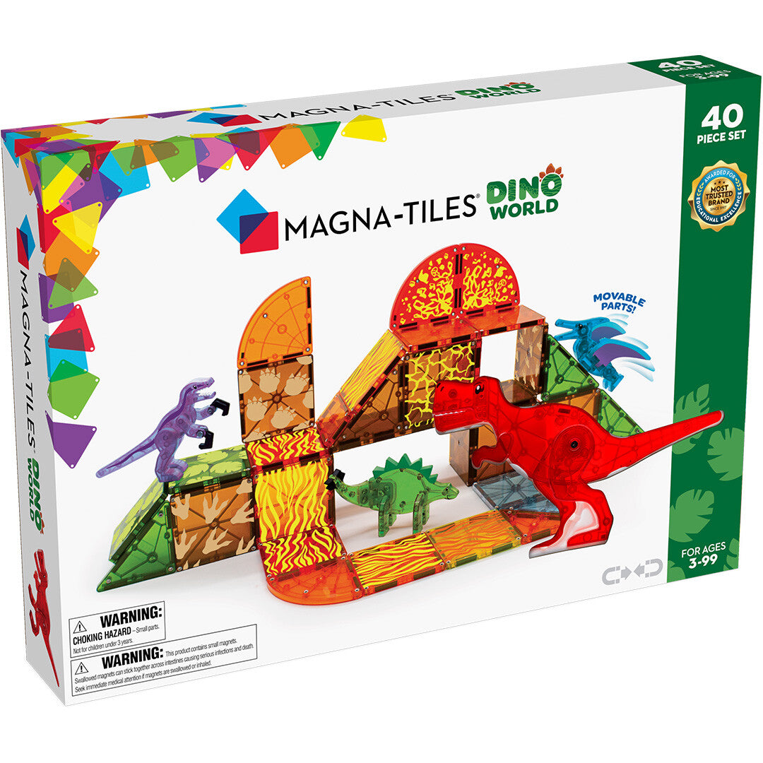 De verpakking van de Magna-Tiles Dino World bouwset met 40 magnetische tegels en dinosaurusfiguren.