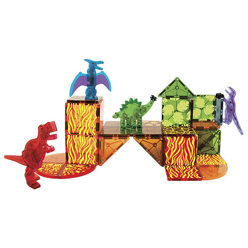 Een voorzicht van een opstelling van Magna-Tiles Dino World magnetische tegels met dinosaurusfiguren op een witte achtergrond.