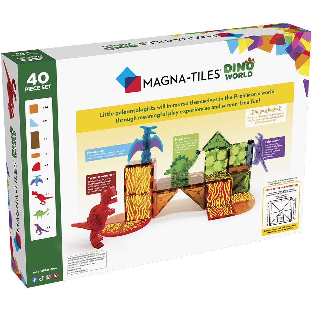 De achterkant van de verpakking van de Magna-Tiles Dino World bouwset met 40 magnetische tegels en dinosaurusfiguren.