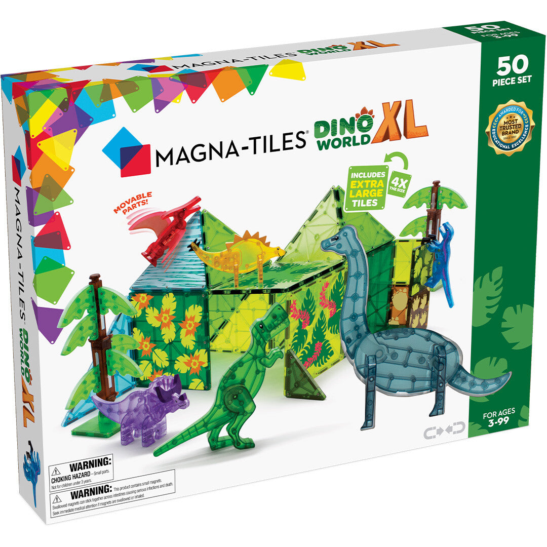 Verpakking van de Magna-Tiles Dino World XL bouwset met magnetische tegels en dinosaurusfiguren.