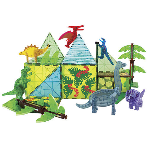 De Magna-Tiles Dino World XL bouwset met magnetische tegels, diverse dinosaurusfiguren en palmbomen.