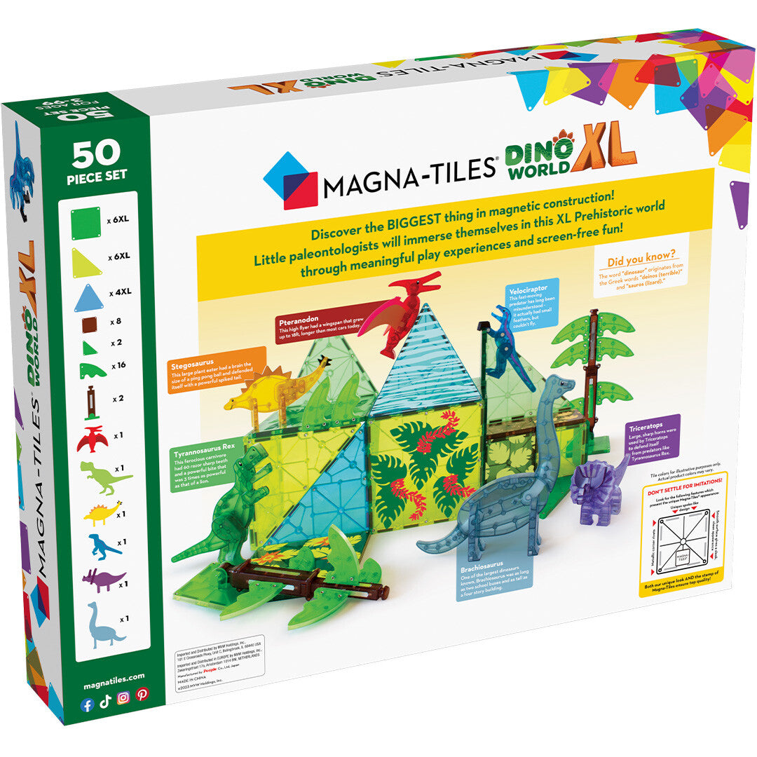 Achterkant van de verpakking van de Magna-Tiles Dino World XL bouwset met productinformatie en afbeeldingen van de inhoud.